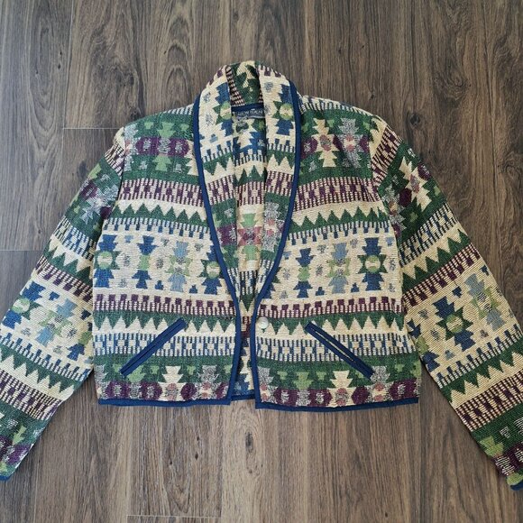💙 New Identity Aztec Artsy Knit Cotton Blazer Jacket Size M/L Outdoors Nature F - Picture 1 of 10